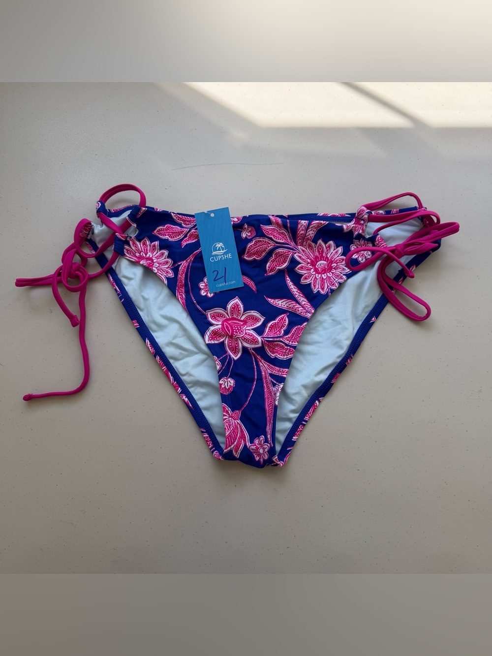 Cupshe Women’s Bikini Bottom M Blue Pink Floral Side Tie Lined Stretch - Picture 6 of 6